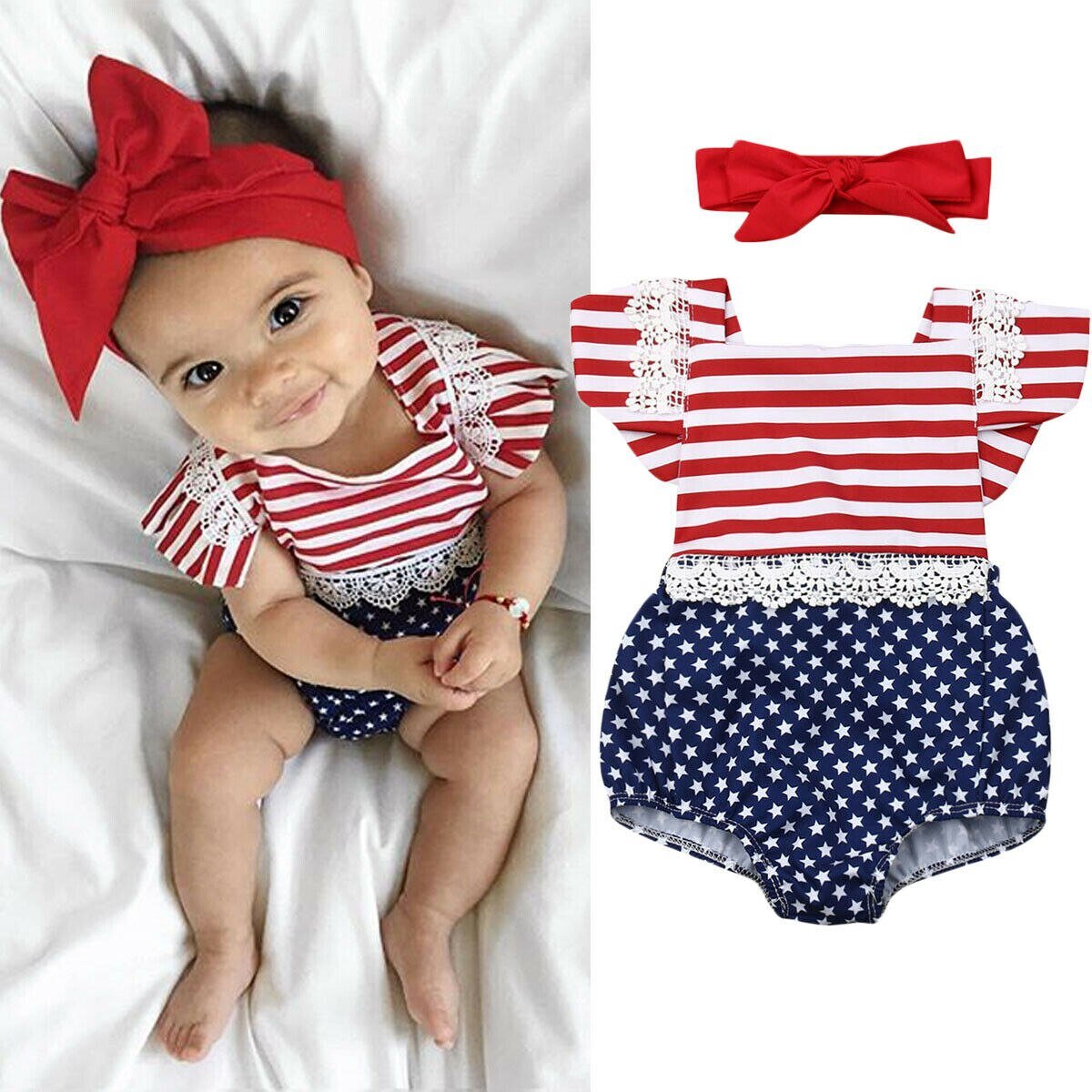 2019 New Fourth of July Star Stripe Flag Newborn Kids Baby Girls Romper ...