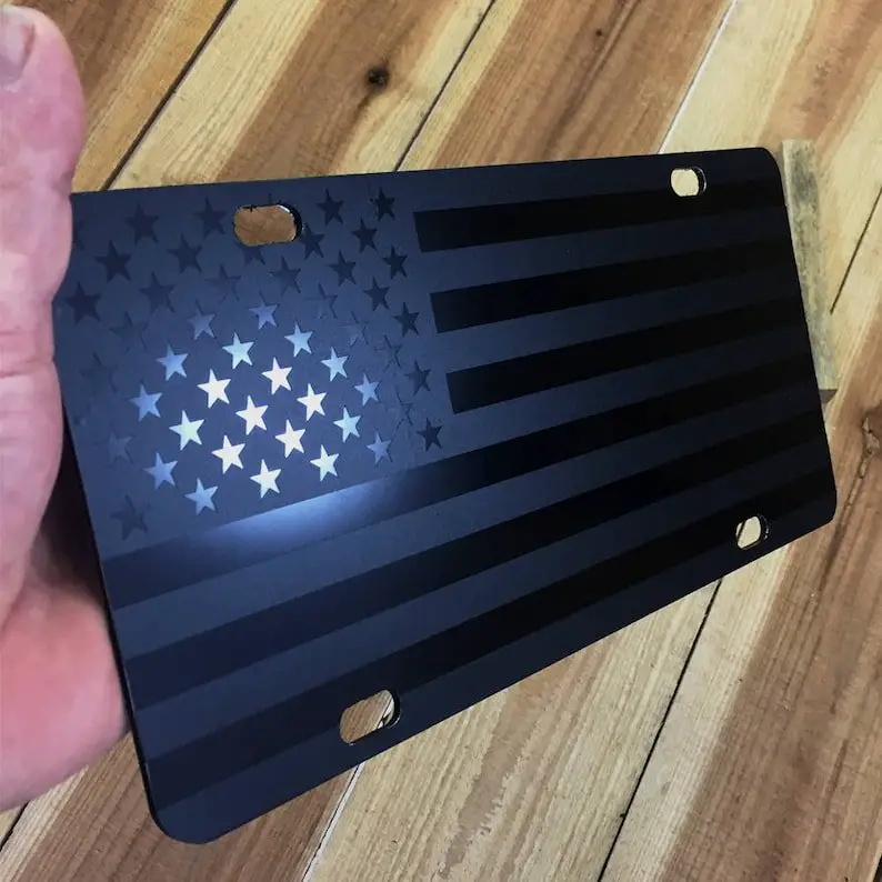 American Flag License Plate Matte Black on 1/8 Black