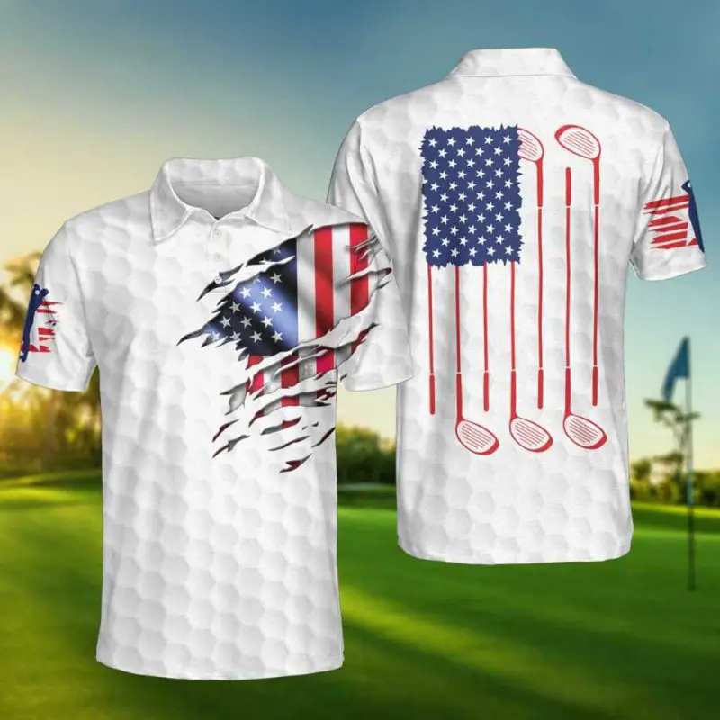 Golf American Flag Short Sleeve White Golf Polo Shirt ...