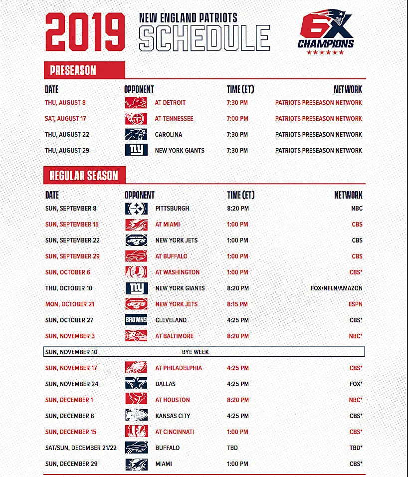 New England Patriots Schedule 2020 Printable That are Gratifying ...