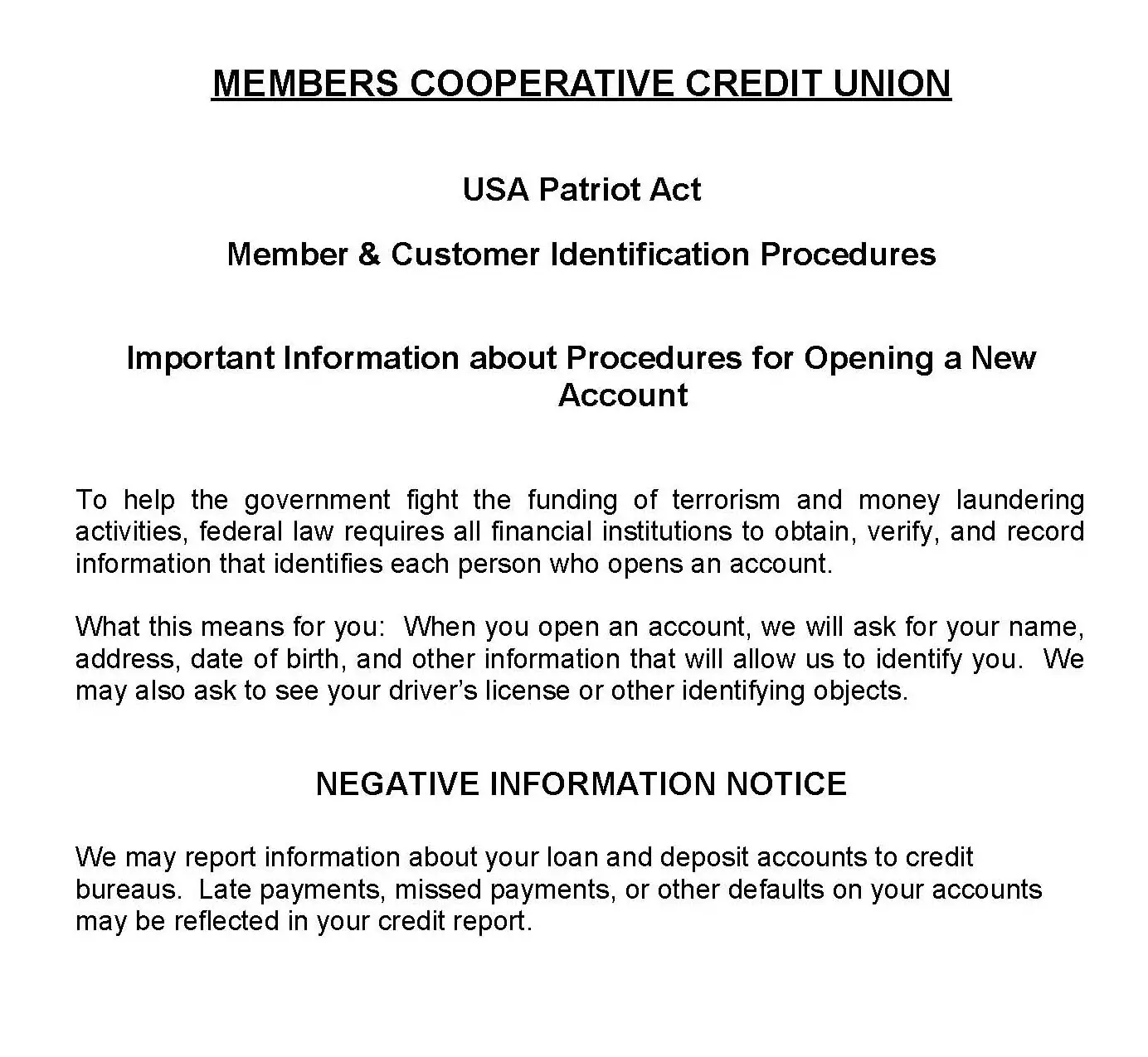 Patriot Act Credit Card Processing