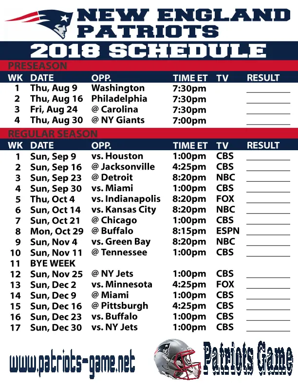 New England Patriots Home Game Schedule