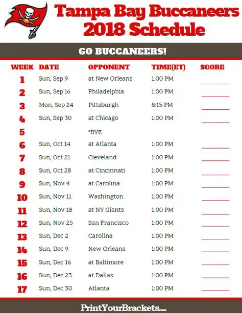 Printable 2018 Tampa Bay Buccaneers Football Schedule ...