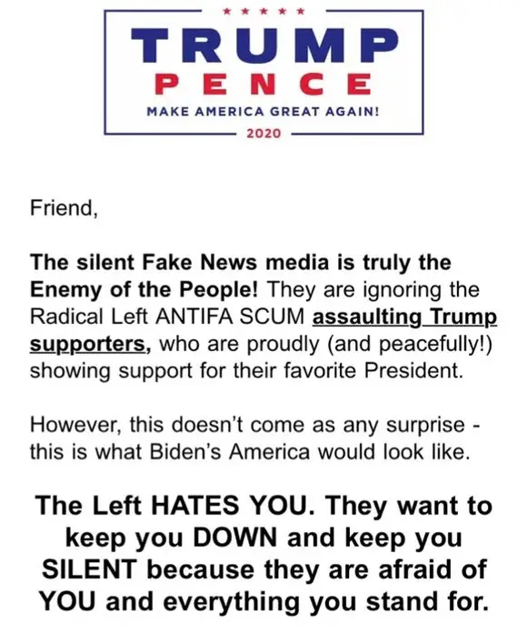 Trump Emails Supporters to Say, " The Left HATES YOU" 
